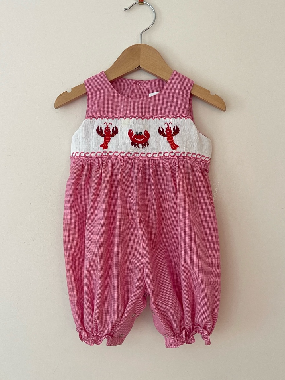 MOM & ME EUC Hand Smocked Lobster Crab Ocean Theme Gingham Bubble Romper